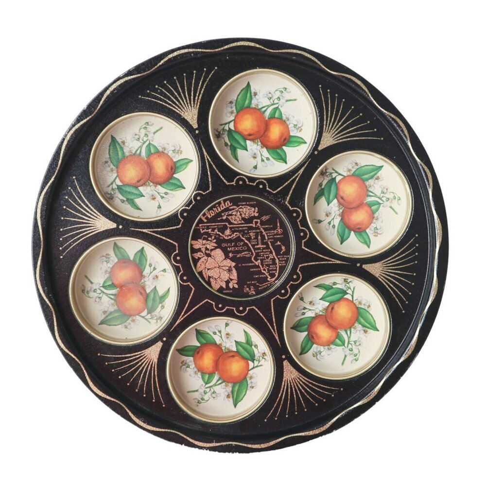 Vintage Florida Souvenir 7 Drink Serving Souvenir Metal Tray Oranges Barware